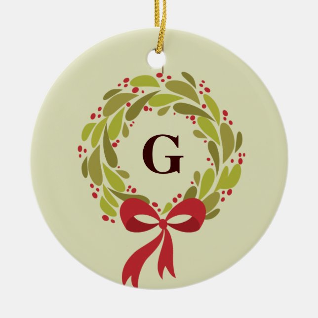 Monogrammed Wreath - Our First Christmas Ceramic Tree Decoration (Front)
