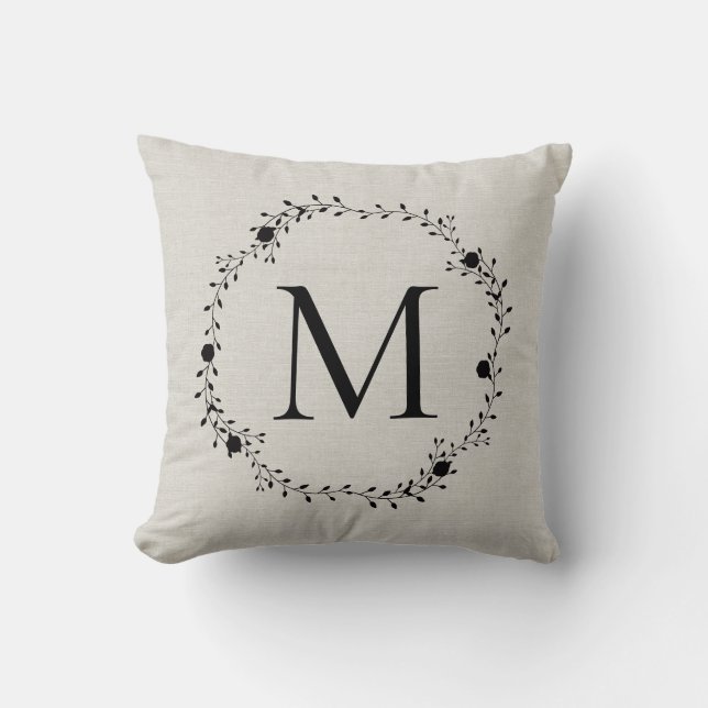 Monogrammed wreath with name and Est date on back Cushion (Front)