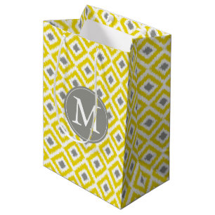 Monogrammed Yellow and Grey Diamonds Ikat Pattern Medium Gift Bag