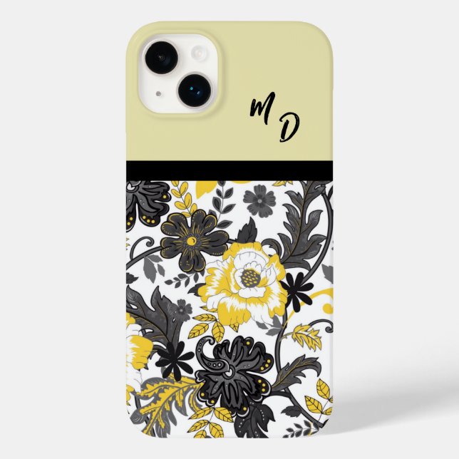 Monogrammed Yellow and Grey Floral  Case-Mate iPhone Case (Back)