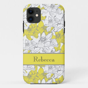 Monogrammed Yellow and Grey Floral  iPhone 11 Case