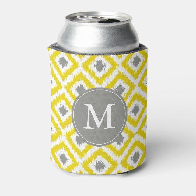 Monogrammed Yellow and Grey Ikat Diamonds Pattern Can Cooler (Can Back)
