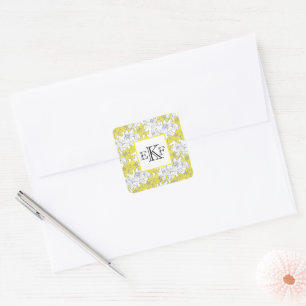 Monogrammed Yellow and Grey White Floral Square Sticker
