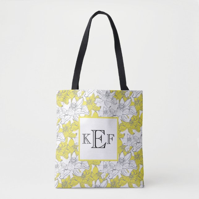 Monogrammed Yellow and Grey White Floral   Tote Bag (Front)