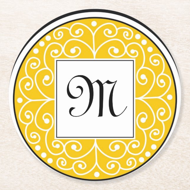 Monogrammed Yellow Black White Swirls Pattern Round Paper Coaster (Front)