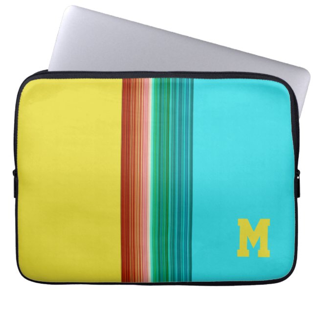 Monogrammed Yellow Blue Multicolor Striped Pattern Laptop Sleeve (Front)