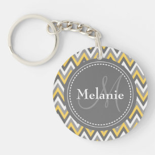 Monogrammed Yellow & Grey Chevron Pattern Key Ring