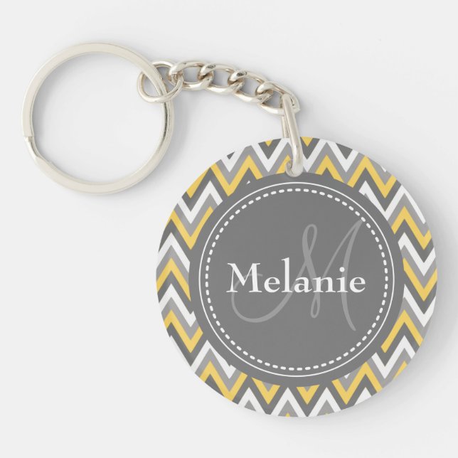 Monogrammed Yellow & Grey Chevron Pattern Key Ring (Front)