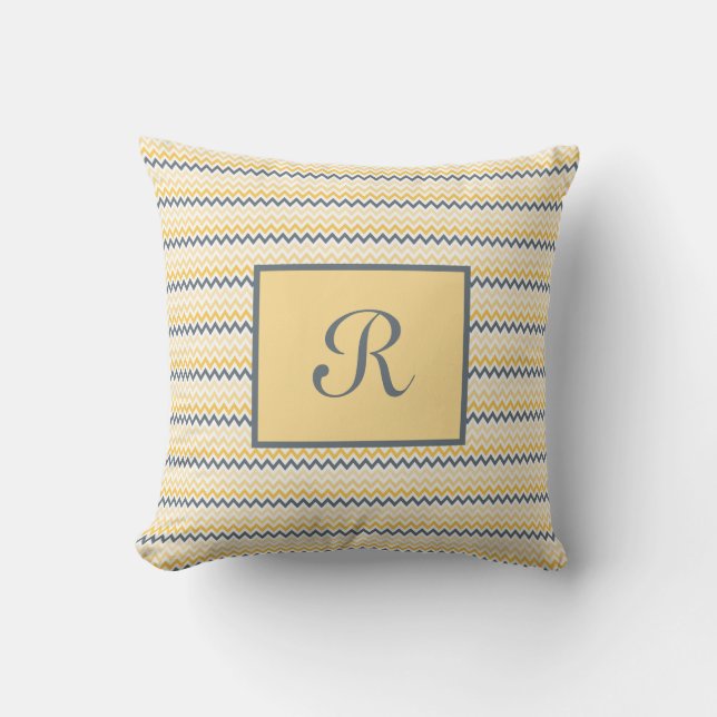 Monogrammed Yellow Grey Chevron Script Font  Cushion (Front)