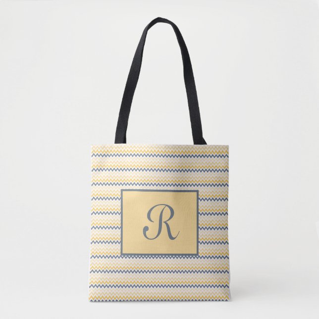 Monogrammed Yellow Grey Chevron Script Font  Tote Bag (Front)