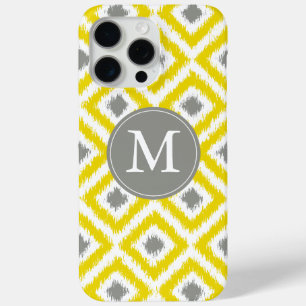 Monogrammed Yellow Grey Diamond Ikat Pattern iPhone 15 Pro Max Case
