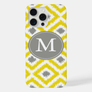 Monogrammed Yellow Grey Diamond Ikat Pattern iPhone 15 Pro Max Case