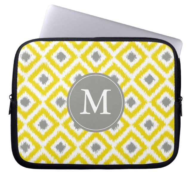 Monogrammed Yellow Grey Diamond Ikat Pattern Laptop Sleeve (Front)