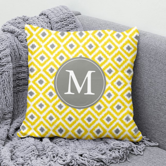 Monogrammed Yellow Grey Diamonds Ikat Pattern Cushion (Creator Uploaded)