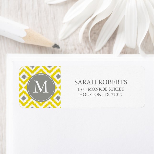 Monogrammed Yellow Grey Diamonds Ikat Pattern Return Address Label (Insitu)