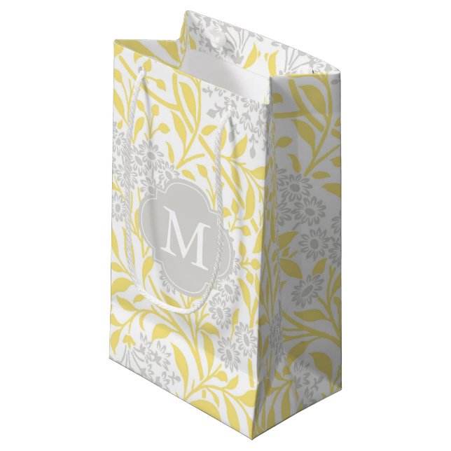 Monogrammed Yellow Grey Floral Damask Pattern Small Gift Bag (Front Angled)