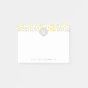Monogrammed Yellow Grey Floral Damask Post-it Notes
