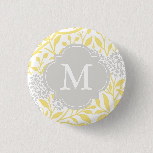 Monogrammed Yellow Grey Floral Pattern 3 Cm Round Badge (Front)