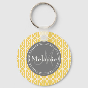 Monogrammed Yellow Grey Moroccan Ogee Pattern Key Ring