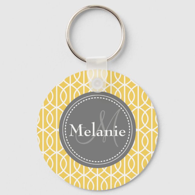 Monogrammed Yellow Grey Moroccan Ogee Pattern Key Ring (Front)