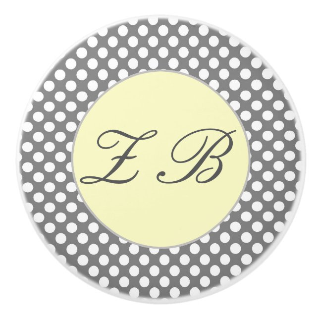 Monogrammed Yellow & Grey with White Polka Dots Ceramic Knob (Front)