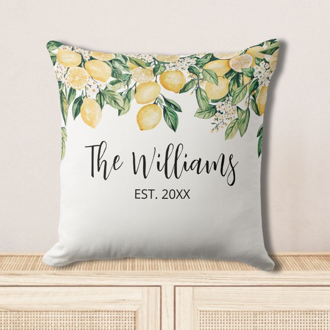 Monogrammed Yellow Lemon Tree Cushion (In situ)