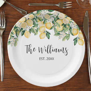 Monogrammed Yellow Lemon Tree Paper Plate