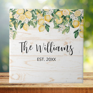 Monogrammed Yellow Lemon Tree White Wood Ceramic Tile