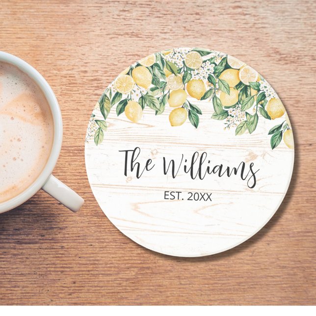 Monogrammed Yellow Lemon Tree White Wood Coaster (In situ)