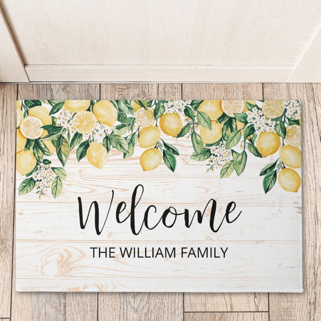 Monogrammed Yellow Lemon Tree White Wood Doormat (In situ)