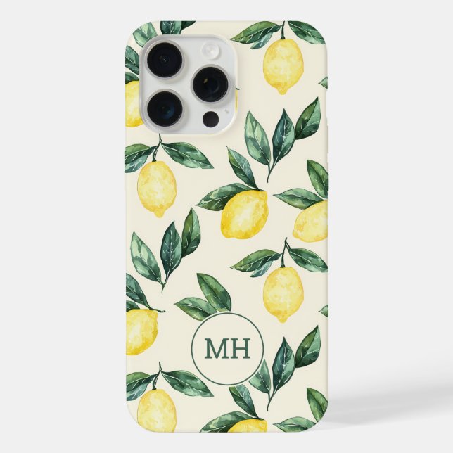 Monogrammed Yellow Lemons Pattern Modern Initials iPhone Case (Back)