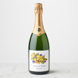 Monogrammed Yellow Roses and Purple Violets  Sparkling Wine Label