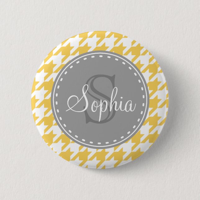Monogrammed Yellow White Houndstooth Pattern 6 Cm Round Badge (Front)