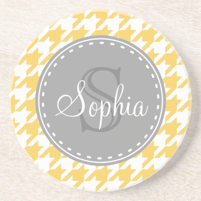 Monogrammed Yellow White Houndstooth Pattern Coaster (Front)