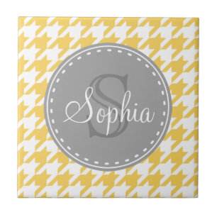 Monogrammed Yellow White Houndstooth Pattern Tile