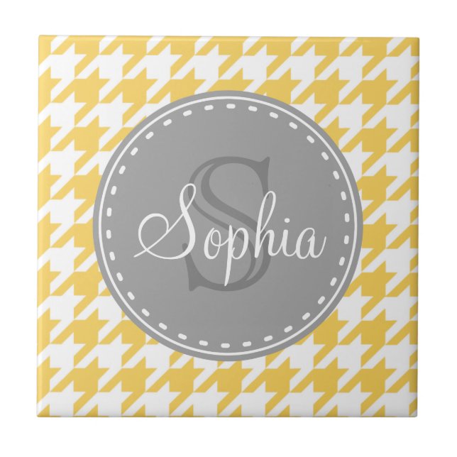 Monogrammed Yellow White Houndstooth Pattern Tile (Front)