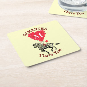 Monogrammed zebra and red heart personalised square paper coaster
