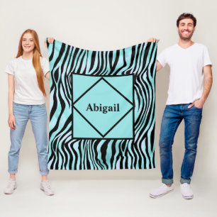 Monogrammed Zebra Print Black and Teal Turquoise  Fleece Blanket