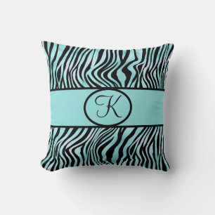 Monogrammed Zebra Print Teal Turquoise Aqua Black Cushion