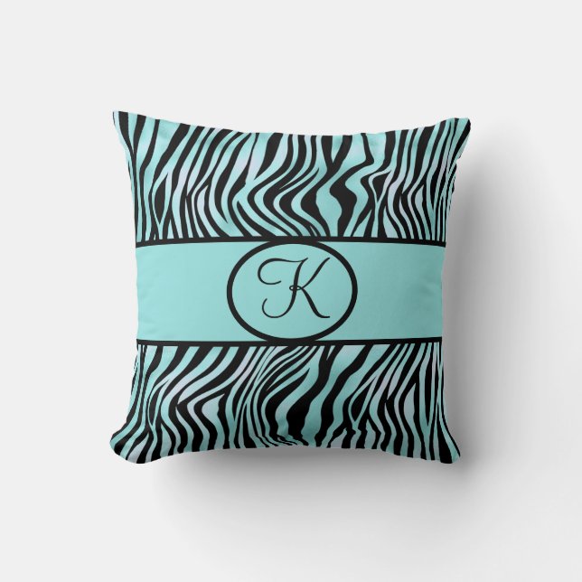 Monogrammed Zebra Print Teal Turquoise Aqua Black Cushion (Front)