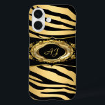 Monogrammed Zebra Stripe Black Ornate Gold iPhone 16 Case<br><div class="desc">Monogrammed Monogram, Elegant Zebra Stripe Animal, Black Ornate Gold Pattern Print. Black and Gold . Elegant Classy Phone Mobile Case Girly for Women girl Add Name Initials Glitter (Be advised that image will appear darker on Case) Fabulous product for Women, Girls, Zizzago created this design PLEASE NOTE all flat images!...</div>