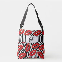 Monogrammed Zebra Striped Red Lips Tote Bag