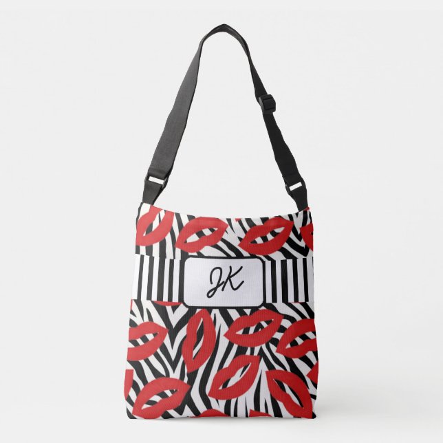 Monogrammed Zebra Striped Red Lips Tote Bag (Front)