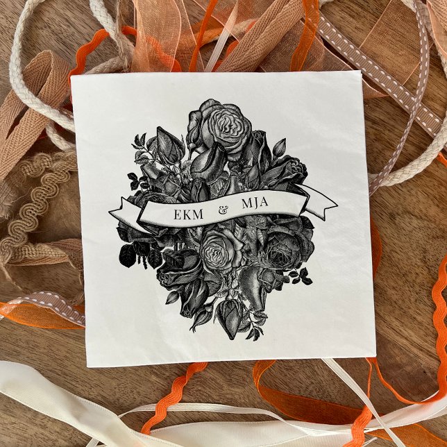 Monograms Black White Roses Bouquet Wedding Napkin (Creator Uploaded)