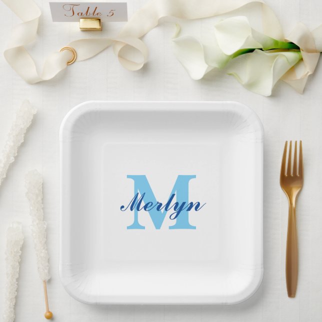 Monograms Blue Birthdays Baby Showers Elegant Paper Plate (Wedding)