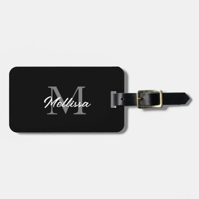 Monograms Custom Name Black White SImple Minimal Luggage Tag (Front Horizontal)
