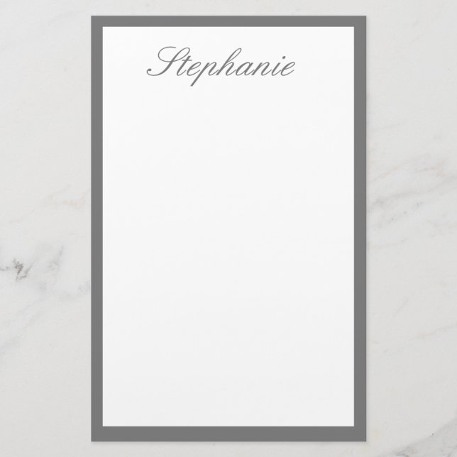 Monograms Custom Name Grey Bordered Edges White  Stationery (Front)