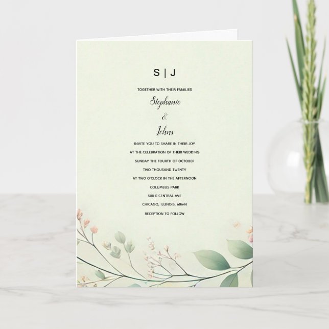Monograms Floral Leaves Beige Sage Green Wedding Invitation (Front)