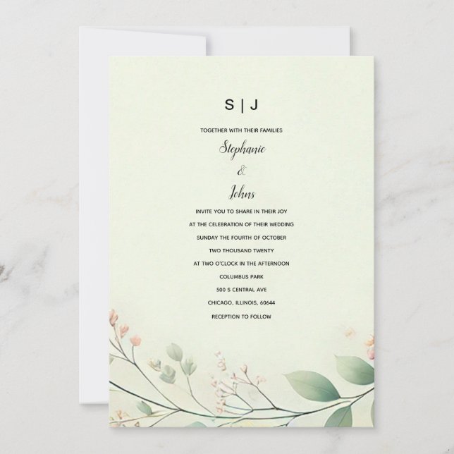 Monograms Floral Leaves Sage Green Beige Wedding Invitation (Front)