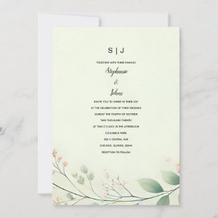 Monograms Floral Leaves Sage Green Beige Wedding Invitation